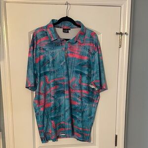 Sunday Swagger Men’s Golf Polo Shirt 2XL – Teal & Neon Pink Abstract Print